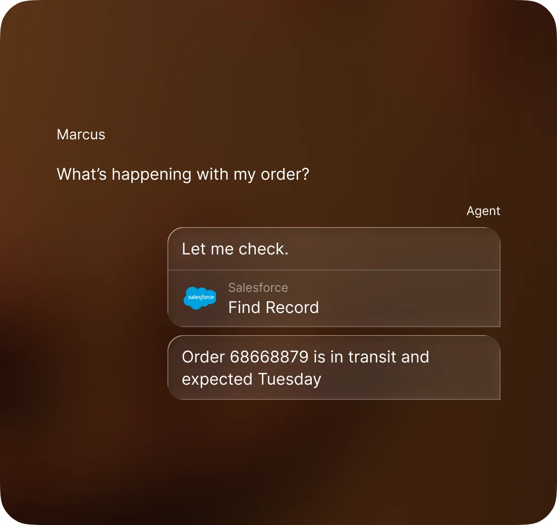 Marcus asking what is happening with his order, and the agent looking the record up in Salesforce before answering that order 68668879 is in transit