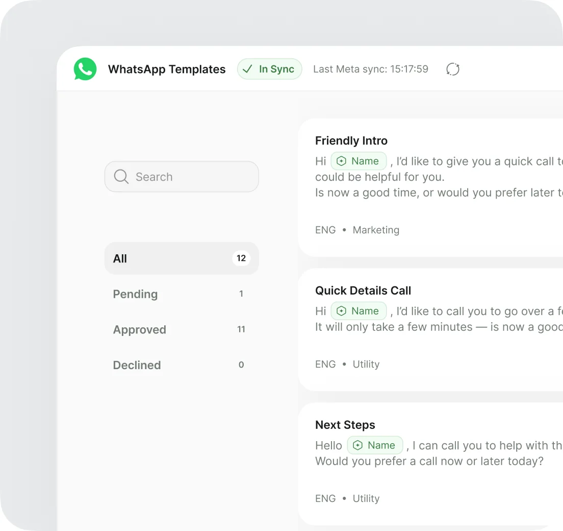 A WhatsApp template library in sync with Meta — twelve templates, eleven approved and one pending